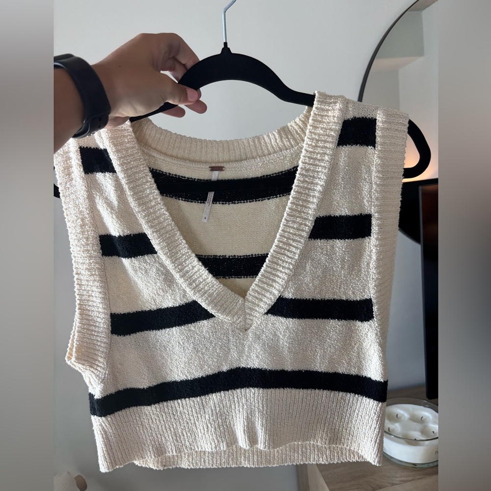 Free People Cream and Black Textured Sweater